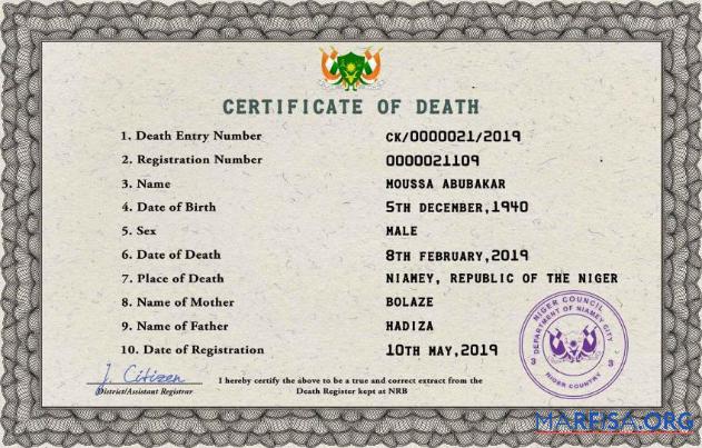 Blank Niger death certificate PSD template